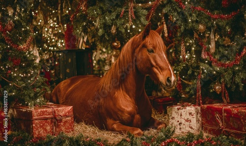 Horse lying on hay near Christmas tree with gifts. Festive animal portrait for holiday advertisement. Christmas and New Year celebration concept.