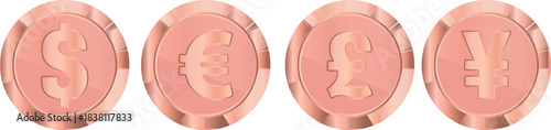 set of cracked coins with signs denoting different world currencies with a copper gradient, for slots in gambling games, banks or thematic designs