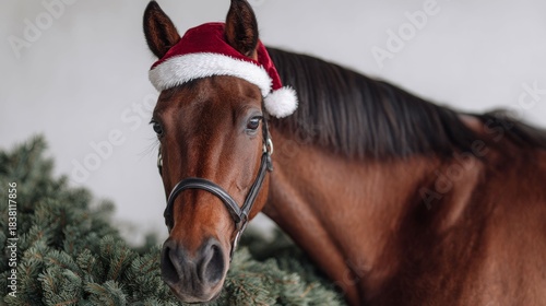 Brown horse wearing Santa hat for Christmas holiday. Cute animal portrait with festive decoration for greeting card design.
