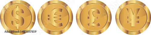 set of coins with symbols denoting different world currencies with a gold gradient, for slots in gambling games, banks or thematic designs