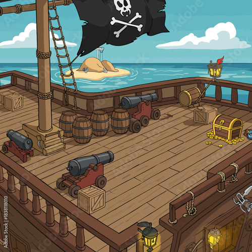 Detailed description of a cartoon pirate ship deck with cannons, barrels, and a treasure chest, sailing on the ocean near a small island.