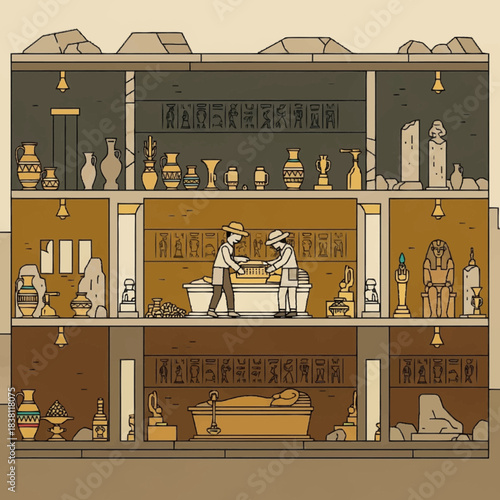 Ancient Egyptian tomb cross-section with archaeologists exploring sarcophagi and artifacts in a multi-level underground structure.
