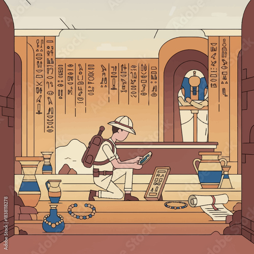An archaeologist explores an ancient Egyptian tomb filled with hieroglyphs, a sarcophagus, and various artifacts like pottery, jewelry, and scrolls.