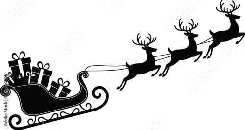 Christmas sleigh, flying reindeer, festive silhouette, holiday gift delivery, winter celebration, ornate vector design, flat illustration, seasonal graphic, Santa theme