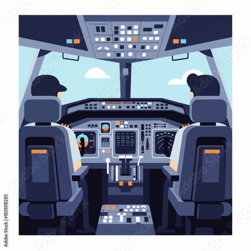 Illustration of two pilots in an airplane cockpit, showing the detailed control panel, screens, and instruments from a rear perspective.