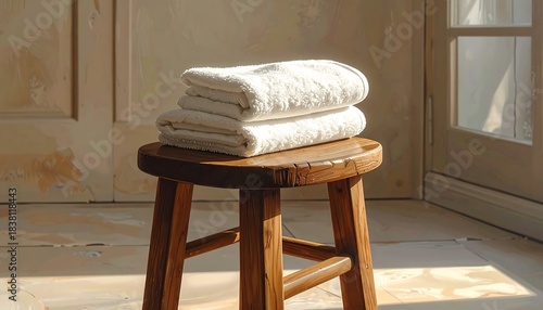 Wallpaper Mural Stack of Clean White Towels on a Wooden Stool in Natural Light. Torontodigital.ca