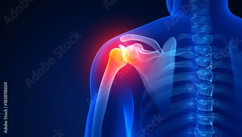 3D medical illustration showing shoulder pain with inflammation, highlighting bones, muscles, and joints. Ideal for healthcare, anatomy, therapy, injury diagnosis, physiotherapy, and medical education