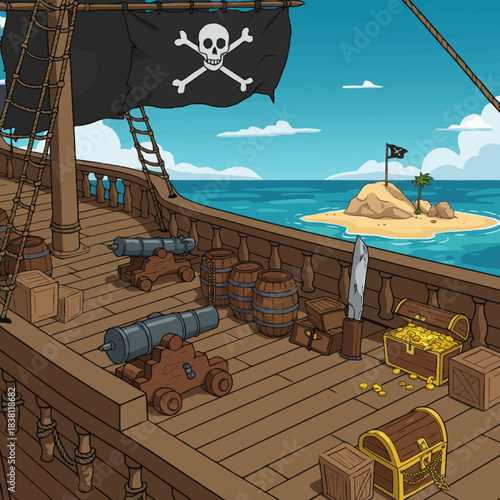 A detailed cartoon illustration of a pirate ship deck with cannons, treasure chests, barrels, and a distant island with a flag.