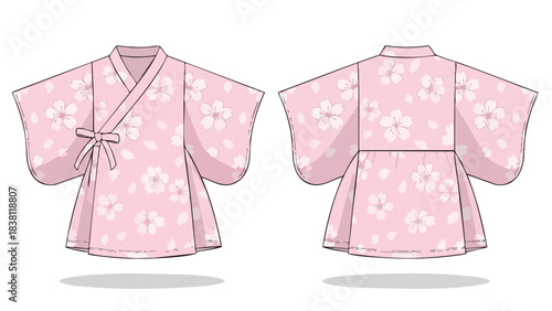 Illustration of a delicate pink kimono adorned with ethereal cherry blossom patterns featuring both front and back views displaying traditional