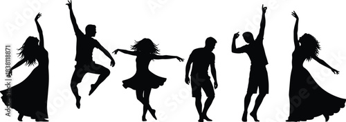 Title: Dynamic silhouettes of young men and women dancing freely, celebrating energy, joy, movement, and performance art, expressing vitality and happiness on a white background.