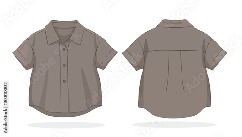 Illustrated neutral colored blouse showcasing front and back design details featuring short sleeves and button closure with relaxed styling