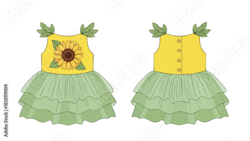 Illustration showcasing a charming sunflower-themed dress design with leaf accents perfect for childrenswear collections and whimsical apparel