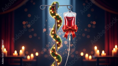 A blood bag wrapped with a red ribbon hanging from an IV pole decorated with Christmas garland and lights. Blood donation concept.