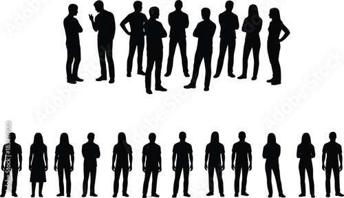 Silhouettes of diverse business people standing and communicating in professional groups, representing corporate teamwork, meetings, collaboration, and office staff on white background.