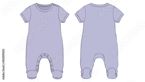 Detailed vector illustration of a baby romper, featuring front and back views, showcasing design elements and proportions for fashion or product