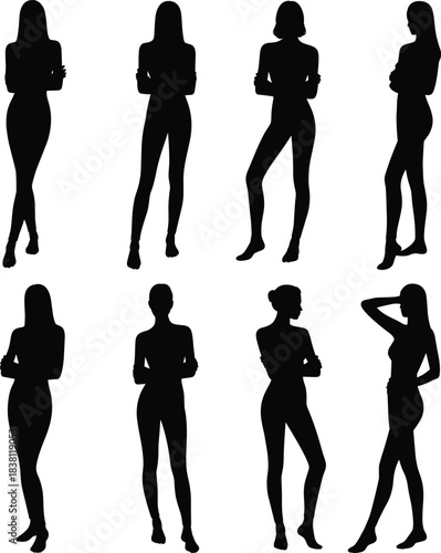 Female silhouette posture set, standing woman vector, fashion pose icons, black figure illustration, cad drawing flat vector design, character modeling reference