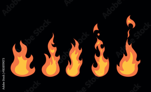 Fire animation. Set of orange fire flame. Collection of hot flaming element for game animation. Vector icons in cartoon style