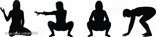 Silhouettes of woman doing different fitness and exercise poses, including stretching, yoga, squatting, kneeling, and preparing for a workout on white background.