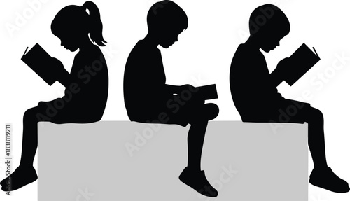 Silhouettes of young children sitting and reading books, representing education, learning, literacy, childhood development, quiet time, and knowledge acquisition on white.
