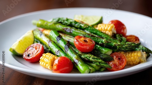 Grilled asparagus and corn with cherry tomatoes and lime wedges on a white plate, showcasing vibrant colors and fresh ingredients for healthy eating