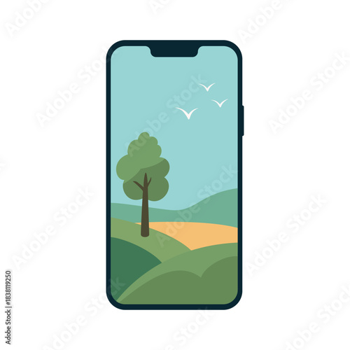 Smartphone Screen with Abstract Hills, Tree and Birds