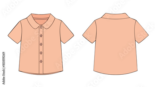 Digital illustration showcasing the front and back views of a stylish short-sleeved button-down shirt with a round collar in a peach tone