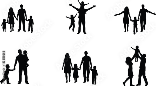 Title Happy loving family silhouettes standing and playing together, mother, father, daughter, son bonding, enjoying childhood, parenthood, unity, black and white vectors, memorable moments.