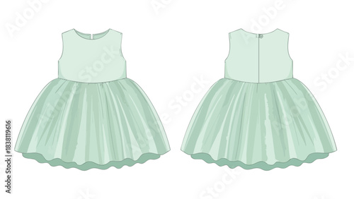 Elegant sleeveless dress illustration featuring a pastel green hue and flared skirt design showcased in both front and back views