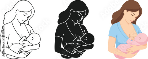 Mother Breastfeeding Baby – Caring Mom Holding Infant Vector Illustration