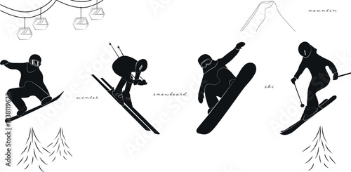 skiers and snowboarders black and white illustration winter sport resort