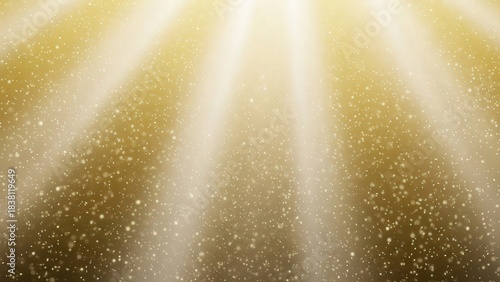 Golden glitter particles sparkling brightly with radiating light rays from above creating magical festive background for celebrations and events