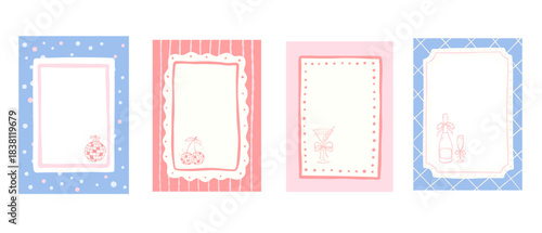 Cute frame with champagne glasses, cherry disco ball and cocktail. Whimsical hand drawn template for bride party invitation and design