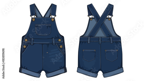 Denim Dungarees Isolated, Featuring Front and Back Views of Blue Denim Shortalls With Adjustable Straps and Rolled Hem Detailing