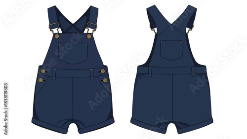 Illustration of denim overalls, front and back view, showcasing fashion design elements for garment construction and apparel creation process