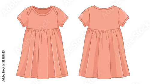 Detailed technical sketch showcasing the front and back views of a charming baby dress with a gathered waistline design