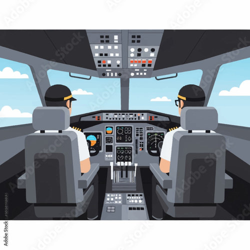 Two pilots in an airplane cockpit, seen from behind, operating the controls with a view of the sky.