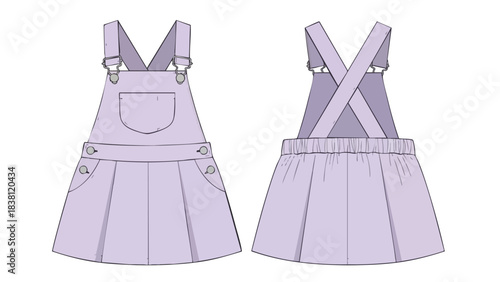 Technical illustration of a girl's overall dress with pleats and adjustable straps, in a soft lavender hue showcasing front and back views