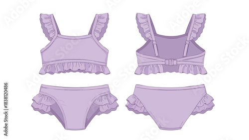 Lavender Ruffled Swimsuit Illustration: Front and Back Views for Fashion Design and Summer Apparel showcasing flounces detail on swimwear for