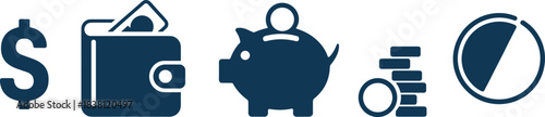 Finance icons, money symbol, savings and investment illustration, piggy bank, wallet, coin stack, pie chart, vector design, flat style, economy