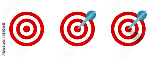 Red and White Circles Round Geometric Dart and Dartboard Arrow Aiming Target Bullseye Hit Accuracy or Accurate or Excellent Idea Opinion Misson Accomplished Symbol Sign Icon Set. Vector Image.