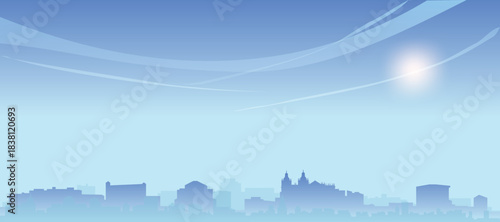 Blue panoramic poster of the city skyline with misty background buildings and clouds of LISBON, PORTUGAL