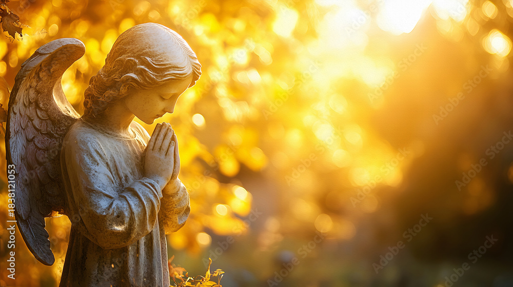 Naklejka premium Ein Engel steht betend vor einem goldenen Busch im Sonnenlicht, copy space