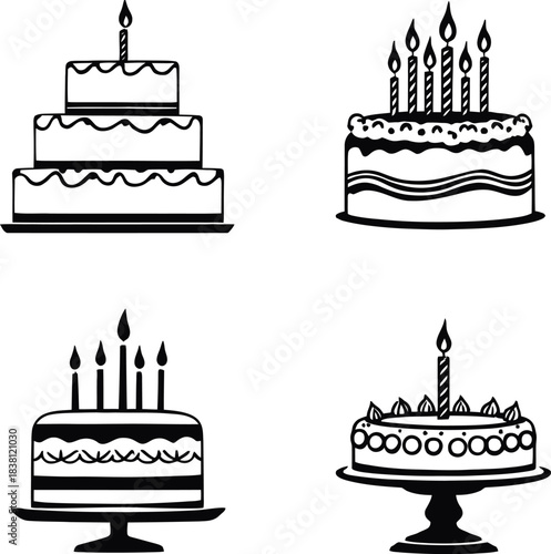 Birthday cake icon set in black line style featuring tiered cakes with candles and pedestal stands
