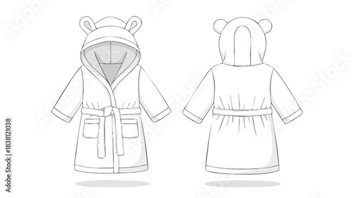 Delightful child's hooded bathrobe sketch exhibiting front and back views for design and pattern conceptualization or manufacturing visuals