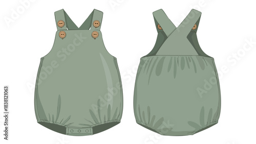Detailed illustration of a baby romper with buttons, showcasing front and back design and minimalist fashion appeal with subtle color palette