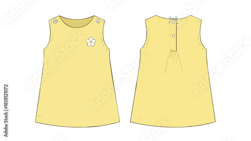 Technical fashion illustration of a sleeveless baby dress in yellow with flower detail front and back view for garment design projects