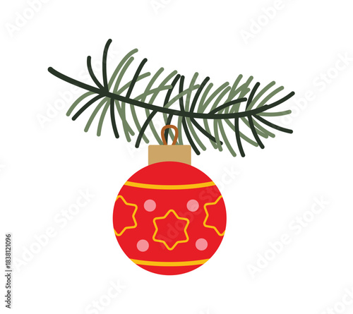 Christmas ornament hanging on fir tree branch in festive red and gold colors. Vector illustration in flat style for holiday decoration and seasonal greeting design.