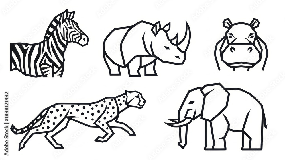 Fototapeta premium Stylized African Wildlife: Geometric Illustrations of Iconic Animals in Monochrome