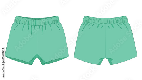 Vector illustration showcasing front and back views of stylish mint green shorts with elastic waistband details and modern design aesthetic