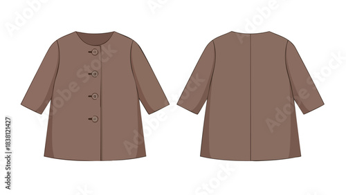 Fashionable garment depiction showcasing front and back views of a brown casual coat with buttoned closure and a simple round neckline